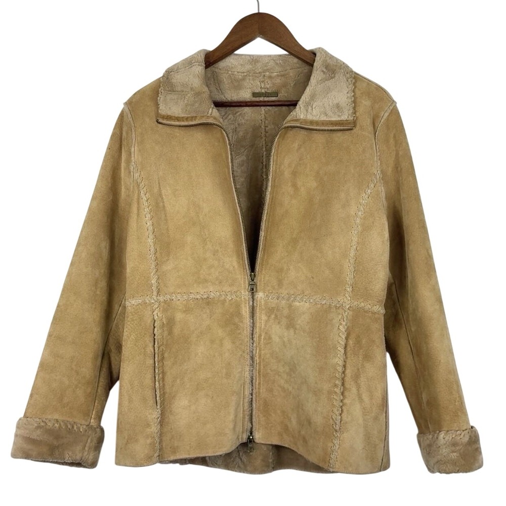 Vintage 90s GUESS Jacket‎ Women Medium Tan Leather Stitching Shearling Fur Trim